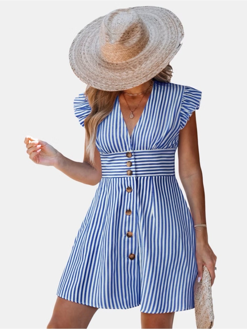 CUPSHE V-Neck Flutter Sleeve Cover-Up Mini Dress Blue/White Striped Women's M/L